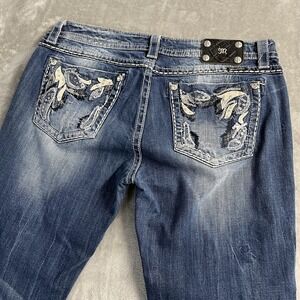 Miss Me Jeans Womens 33 Blue Mid Rise Bootcut Distressed Embroidered 33x32